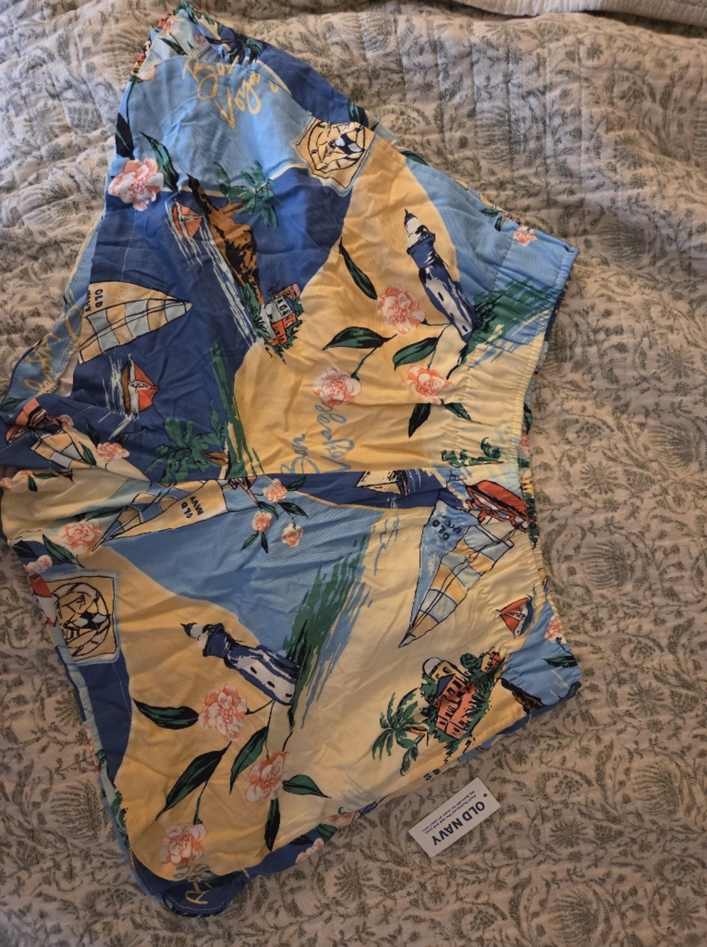 Old Navy Sailboat & Floral Camp Shorts in Blue and Yellow